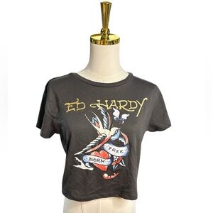 Ed by Ed Hardy Charcoal Grey Born Free Baby Swallow Graphic Crop Tee Size L